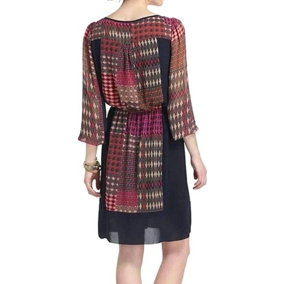 Anthropologie Maeve Peasant Patchwork Print Boho Dress Mini Navy Blue Red Tan XS - Picture 7 of 16